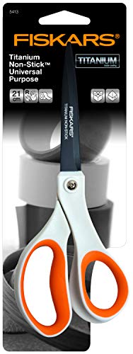 Fiskars Tijeras antiadhesivas Universales, Longitud: 21 cm, Revestimiento de titanio/Acero inoxidable plástico, Blanco/Naranja, 1004721