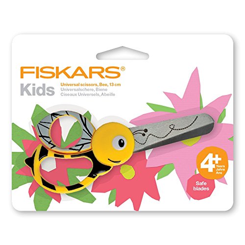 Fiskars Tijeras de animales para niños con motivos de abeja, A partir de 4 años, Longitud: 13 cm, para diestros y zurdos, Hoja de acero inoxidable/Mangos de plástico, Amarillo, 1003747