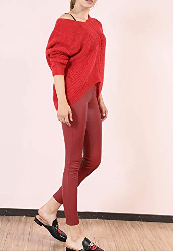 FITTOO Mujeres PU Leggins Cuero Brillante Pantalón Elásticos Pantalones para Mujer300#2 Rojo XS