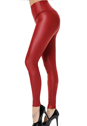 FITTOO Mujeres PU Leggins Cuero Brillante Pantalón Elásticos Pantalones para Mujer300#2 Rojo XS