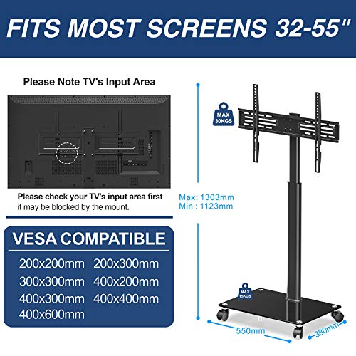 FITUEYES Soporte Móvil TV de 32 a 60 Pulgadas con Base de Vidrio Soporte de Suelo para Televisión de Pantalla LED LCD Plasma Plana Curva, Inclinable +8°/-12°, Altura Ajustable, MAX VESA 600x400