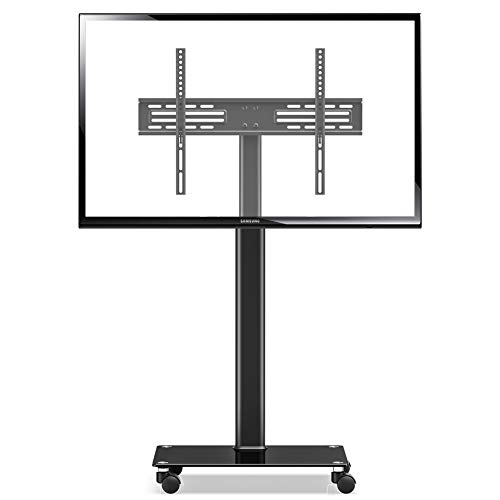 FITUEYES Soporte Móvil TV de 32 a 60 Pulgadas con Base de Vidrio Soporte de Suelo para Televisión de Pantalla LED LCD Plasma Plana Curva, Inclinable +8°/-12°, Altura Ajustable, MAX VESA 600x400