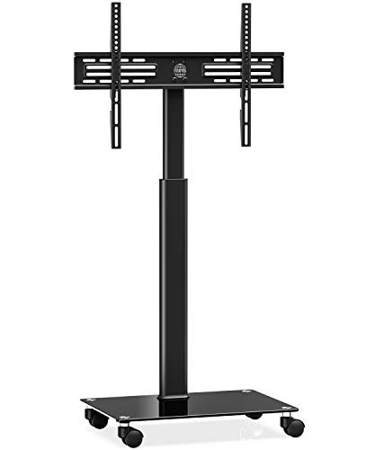 FITUEYES Soporte Móvil TV de 32 a 60 Pulgadas con Base de Vidrio Soporte de Suelo para Televisión de Pantalla LED LCD Plasma Plana Curva, Inclinable +8°/-12°, Altura Ajustable, MAX VESA 600x400