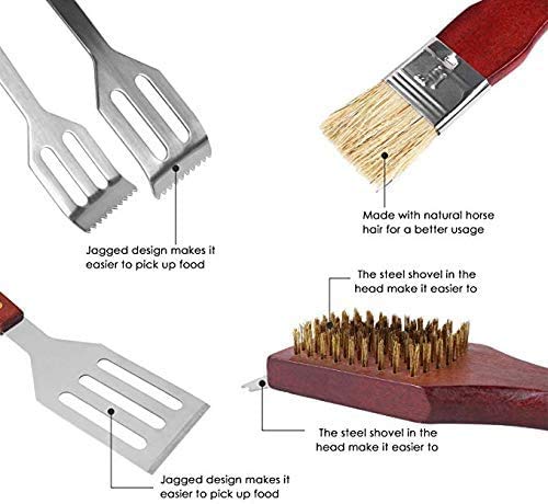 FIXKIT Utensilios para Barbacoa 18 Piezas Completas de Herramientas de Barbacoa de Acero Inoxidable Cubiertos con Mango de Madera Conjunto de Barbacoa con Maletín, Cumpleaños, Hombre