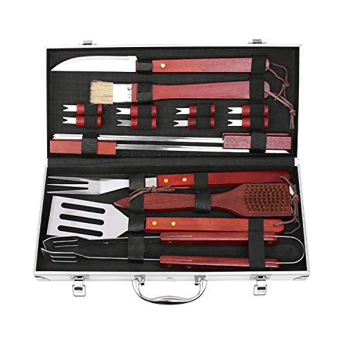 FIXKIT Utensilios para Barbacoa 18 Piezas Completas de Herramientas de Barbacoa de Acero Inoxidable Cubiertos con Mango de Madera Conjunto de Barbacoa con Maletín, Cumpleaños, Hombre