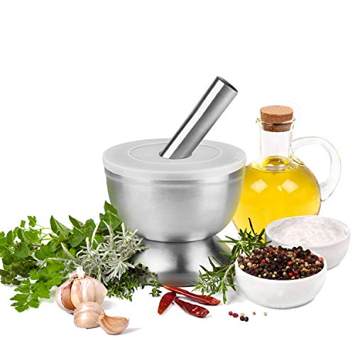 flexzion acero inoxidable cepillado Mortero y maja Set – cuenco de molinillo de acero inoxidable pulido soporte para guacamole, hierbas, especias, ajo, cocina, cocción, medicina