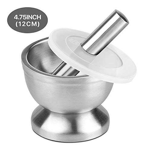 flexzion acero inoxidable cepillado Mortero y maja Set – cuenco de molinillo de acero inoxidable pulido soporte para guacamole, hierbas, especias, ajo, cocina, cocción, medicina