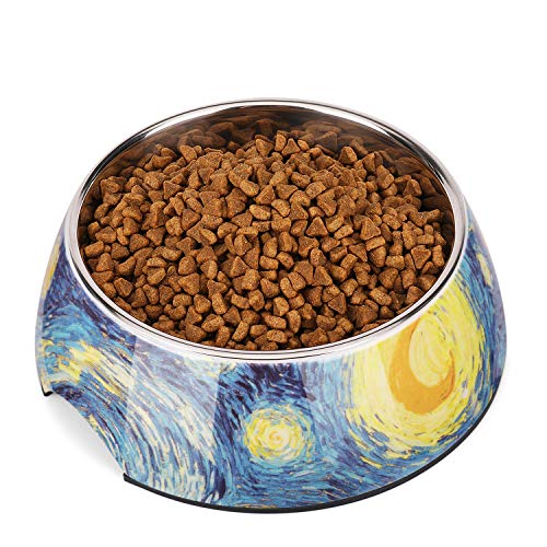 Flexzion Plato de Acero Inoxidable para Perro Gato Mascota, Base Antideslizante de Goma, hasta 24 oz Apto para Lavavajillas, Resistente a Corrosión con Soporte Extraíble (La Noche Estrellada)