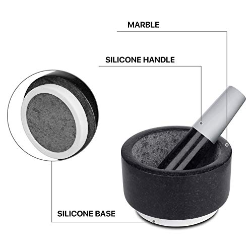 Flexzion Set de mortero y maja de piedra mármol negro con base de silicona antideslizante y mango de fácil agarre para machacar guacamole, hierbas, especias, ajo, Color Negro