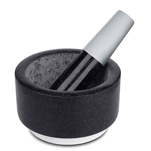 Flexzion Set de mortero y maja de piedra mármol negro con base de silicona antideslizante y mango de fácil agarre para machacar guacamole, hierbas, especias, ajo, Color Negro