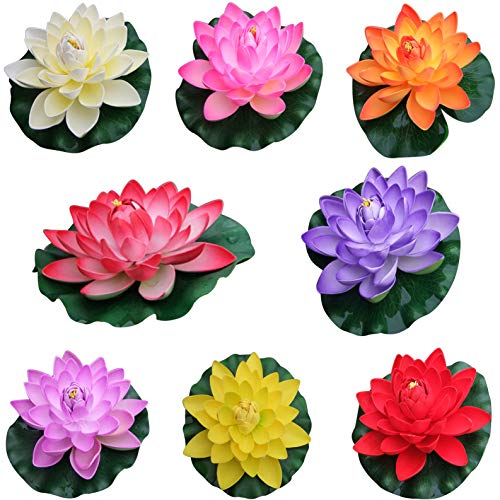 Flikool 18cm Flores de Loto Artificiales con Hoja Falso Flotante Lirio de Agua EVA Espuma Nenúfar Plantas Artificiales para Jardín Acuarios Tanque de Peces Estanque Decoración 8pcs - Mix