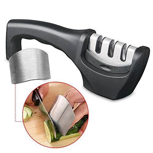 flintronic Afilador de Cuchillos, Afilador de Cuchillos Manual de 3 Etapas, Base Antideslizante para Kinfe de Cocina, para Cuchillo Santoku, Cuchillo de Cocina, Tijeras (Incluye 1 Protector de Dedos)