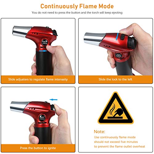 flintronic® Antorcha de Cocina, Antorcha de Butano Rellenable con Cierre de Seguridad, llama Ajustable con 2 Cepillos de Silicona para Cocinar, Barbacoa, Pasteles, Soldadura (Gas Butano no Incluido)