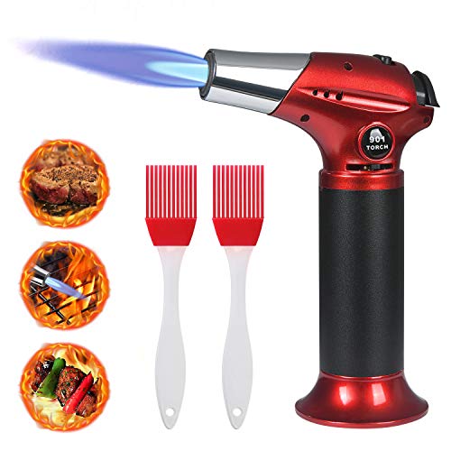 flintronic® Antorcha de Cocina, Antorcha de Butano Rellenable con Cierre de Seguridad, llama Ajustable con 2 Cepillos de Silicona para Cocinar, Barbacoa, Pasteles, Soldadura (Gas Butano no Incluido)