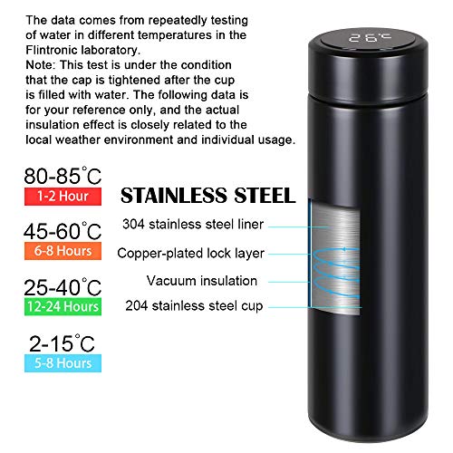 flintronic® Taza de Viaje, Termo Taza 500ML Travel Mug, Frasco de Vacío de Acero Inoxidable, Pantalla LCD Táctil Inteligente, Térmica de Doble Pared, Aislado al Vacío, con Portavasos y Cepillo - Negro