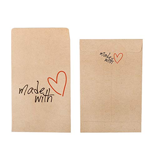 FLOFIA 50pcs (7,3x12,5cm) Bolsas Bolsitas Sobre Papel Kraft Pequeñas Estraza Marrón + 60pcs Pegatinas para Regalos Navidad Fiesta Caramelos Galletas Semillas Granos de Café Cuentas de Bricolaje