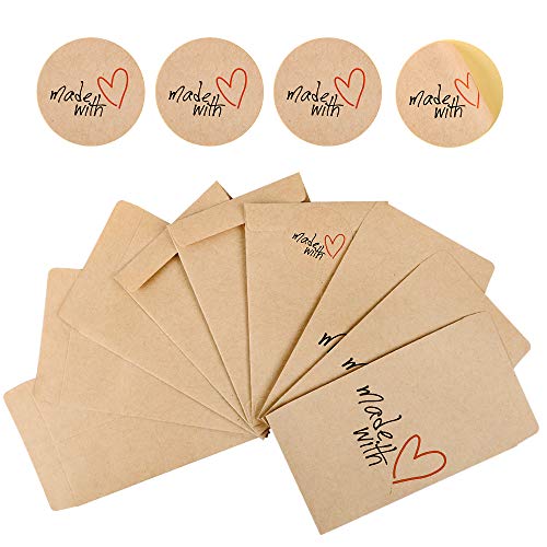 FLOFIA 50pcs (7,3x12,5cm) Bolsas Bolsitas Sobre Papel Kraft Pequeñas Estraza Marrón + 60pcs Pegatinas para Regalos Navidad Fiesta Caramelos Galletas Semillas Granos de Café Cuentas de Bricolaje