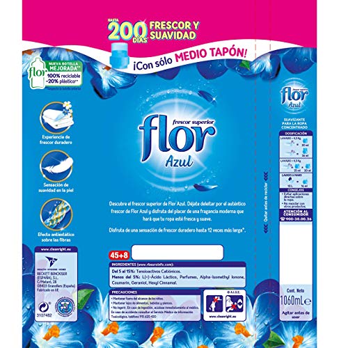 Flor - Suavizante para la ropa concentrado, aroma azul - Pack de 10, hasta 530 dosis