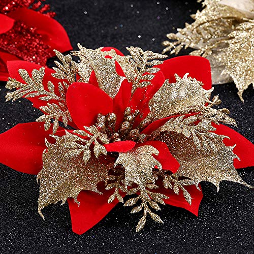 Flores navideñas 24 Piezas Flores de Navidad Boda de Artificial de Purpurina de Nuevo Deseo de Festivo Poinsettia Purpurina Adorno de Árbol de Navidad Glitter Poinsettia Adornos Florales