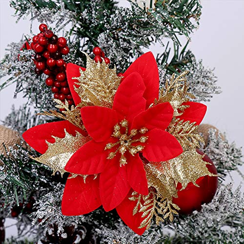 Flores navideñas 24 Piezas Flores de Navidad Boda de Artificial de Purpurina de Nuevo Deseo de Festivo Poinsettia Purpurina Adorno de Árbol de Navidad Glitter Poinsettia Adornos Florales