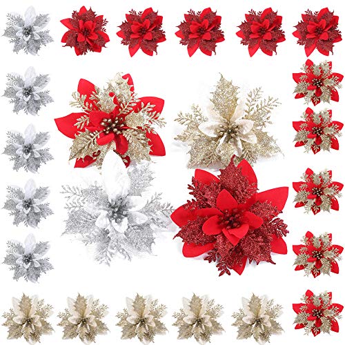 Flores navideñas 24 Piezas Flores de Navidad Boda de Artificial de Purpurina de Nuevo Deseo de Festivo Poinsettia Purpurina Adorno de Árbol de Navidad Glitter Poinsettia Adornos Florales