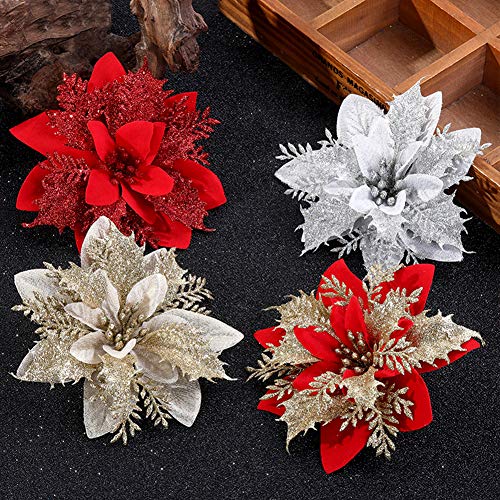 Flores navideñas 24 Piezas Flores de Navidad Boda de Artificial de Purpurina de Nuevo Deseo de Festivo Poinsettia Purpurina Adorno de Árbol de Navidad Glitter Poinsettia Adornos Florales