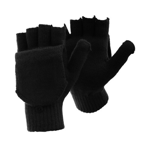 FLOSO - Guantes sin dedos convertibles en manoplas de invierno térmicos con capucha para hombre caballero (Talla Única/Negro)