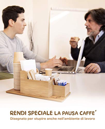 FMC Organizador Accesorios de Café - Dispensador para Azucarillos, Té, Cápsulas, Agitadores, Vasos y Servilletas - Ideal para Oficina o Cocina - Antideslizante, Fabricado en Bambú