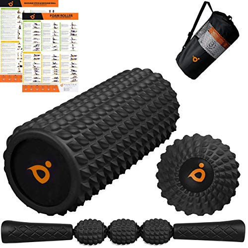 Foam Roller Masaje Kit | Rodillo de Espuma | Rodillo Masaje Muscular Stick | Spikey Lacrosse Pelota de Massager - Trigger Point Terapia Bola Accesorios para Yoga, Pilates, Gimnasio y Deportes en Casa