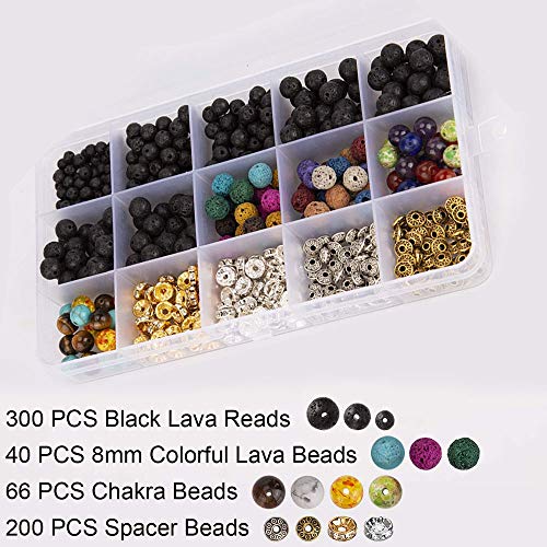 FOGAWA 606 PCS Lava Bead Set Rock Stone Chakra Beads de Colores Incluido Espaciador de Aleación de Zinc para la Fabricación de Pulseras de Joyería con 2 Rollos de Hilo Elástico