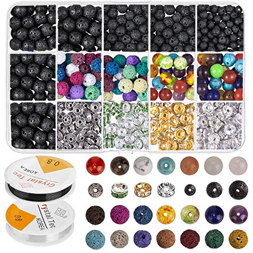 FOGAWA 606 PCS Lava Bead Set Rock Stone Chakra Beads de Colores Incluido Espaciador de Aleación de Zinc para la Fabricación de Pulseras de Joyería con 2 Rollos de Hilo Elástico