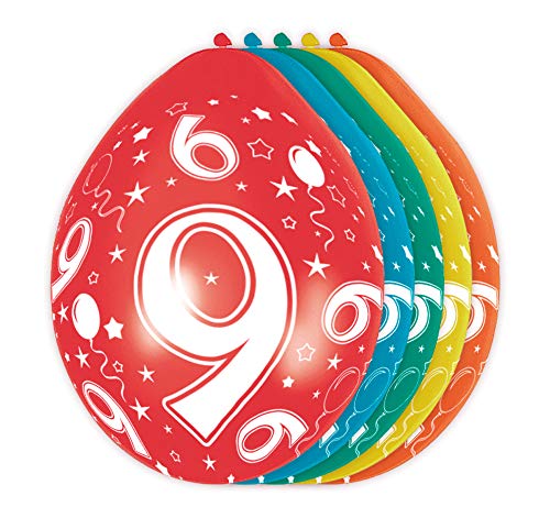 Folat - 9 Año Helio Adecuado Metálico Globos para Fiesta Decoración - Multicolor - 12In/30cm - 5 piezas