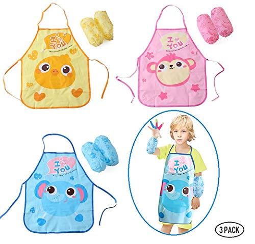 Fontee® 3 Sets Delantal Infantil, Divertidos Delantales Niña y Niño Impermeables Suaves PEVA para Cocina, Aula, Evento Comunitario, Manualidades y Pintura Artística con Mangas, Azul/Amarillo/Rosa