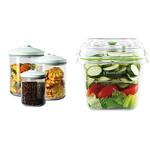 Foodsaver FSC003-I-065 - Set de 3 tarros de envasado al vacío + FFC008X Recipiente para envasar al vacío, 1,9 L, 1.8 litros, 0 Decibelios, Plástico, Transparente y Verde