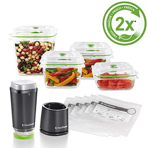 FoodSaver VS1192X Envasadora al vacío de alimentos inalámbrica y portátil con base de carga + FFC020X Recipientes para Envasar al Vacío “Fresh Containers”, 700 ml, 1,2L y 1,8L, Set de 3 Contenedores