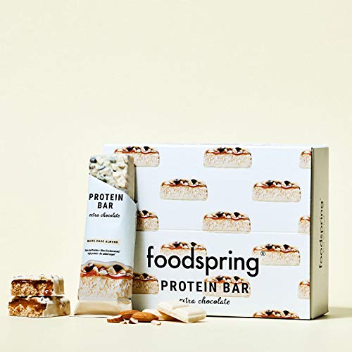 foodspring Barritas De Proteína Extra Choco, Chocolate Blanco y Almendras, 12 x 65g, una auténtica chocolatina con 95% menos de azúcares