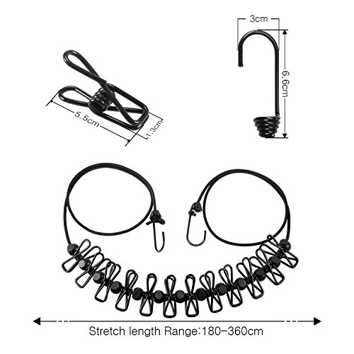 Foonii Portátil Tendedero, Elástico Ajustable retráctil Antideslizante a Prueba de Viento Cuerdas para Ropa, al Aire Libre y para Viajes de Campamento Senderismo, 12 Pinzas 180-360cm (Negro)