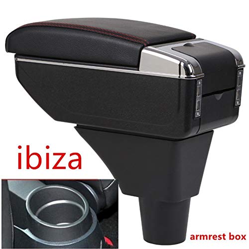 For Interfaz Seat Ibiza Apoyabrazos Caja almacén central Caja de almacenamiento de contenido reposabrazos Box con la taza titular Cenicero USB (Color : Negro con hilo rojo)