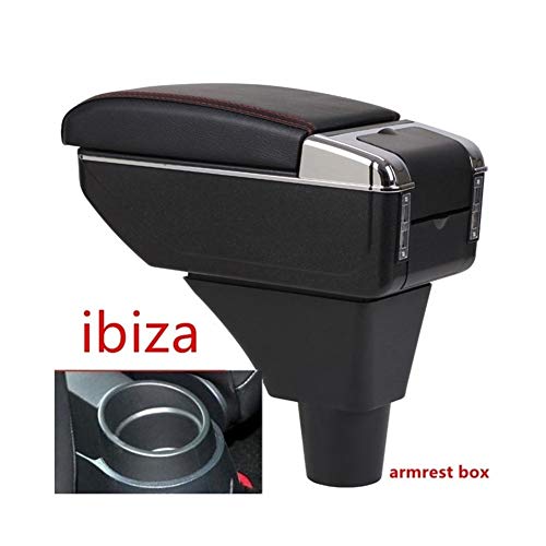 For Seat Ibiza Centro del Contenido del almacén de Almacenamiento Caja de Asiento reposabrazos Caja con portavasos cenicero Interfaz USB Apoyabrazos (Color : Negro con Hilo Rojo, Talla : B)