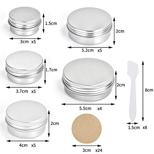 FORMIZON 24 Tarros de Aluminio Vacío, Latas de Aluminio Vacías (5/10/20/25/30ml) con Etiquetas y Mini Espátula, Tarros Cosmetica, Tarros Aluminio Vacíos para Crema Loción Bálsamo Jabón Maquillaje