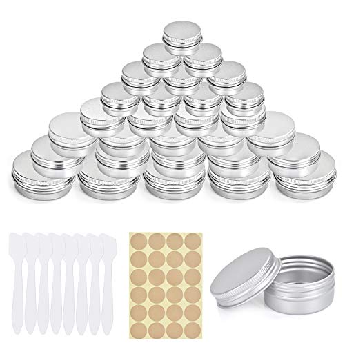 FORMIZON 24 Tarros de Aluminio Vacío, Latas de Aluminio Vacías (5/10/20/25/30ml) con Etiquetas y Mini Espátula, Tarros Cosmetica, Tarros Aluminio Vacíos para Crema Loción Bálsamo Jabón Maquillaje