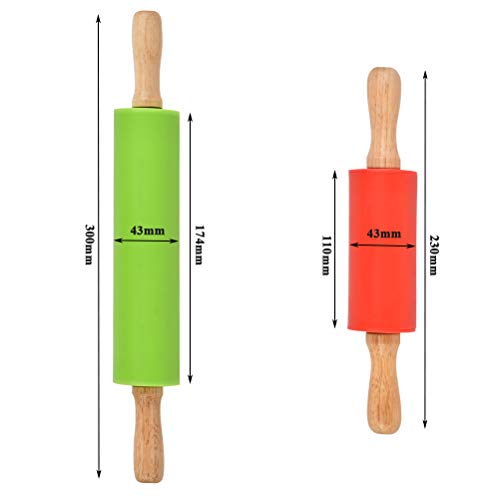 FOROREH Rodillo de Silicona Antiadherente para Hornear Pizza Galletas Pastelería Panadero, Rodillo Amasar de Madera de Cocina Ideal para Rodillo de Masa, 2 rodillos S & M