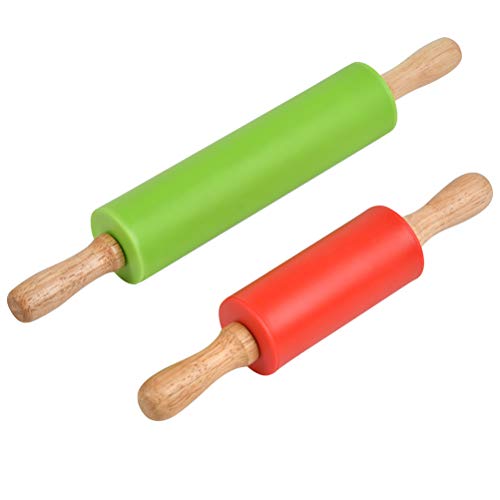 FOROREH Rodillo de Silicona Antiadherente para Hornear Pizza Galletas Pastelería Panadero, Rodillo Amasar de Madera de Cocina Ideal para Rodillo de Masa, 2 rodillos S & M