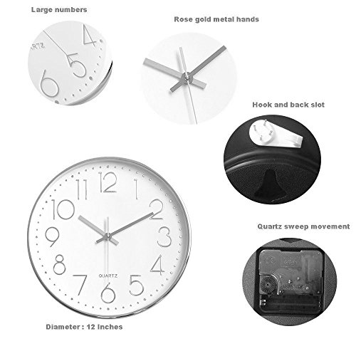 Foxtop Moderno Silencioso Grandes Decorativos Cuarzo Redondo Reloj de Pared sin Tic TAC para Cocina Dormitorio Escuela Oficina Sala de Estar, Ø: 30 cm, Plata