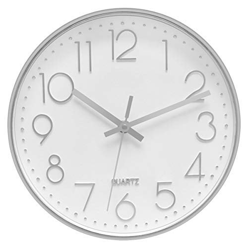 Foxtop Moderno Silencioso Grandes Decorativos Cuarzo Redondo Reloj de Pared sin Tic TAC para Cocina Dormitorio Escuela Oficina Sala de Estar, Ø: 30 cm, Plata