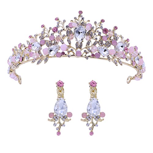 Frcolor Tiara de la boda y corona flor de diamantes de imitación Princesa de la novia corona con pendientes