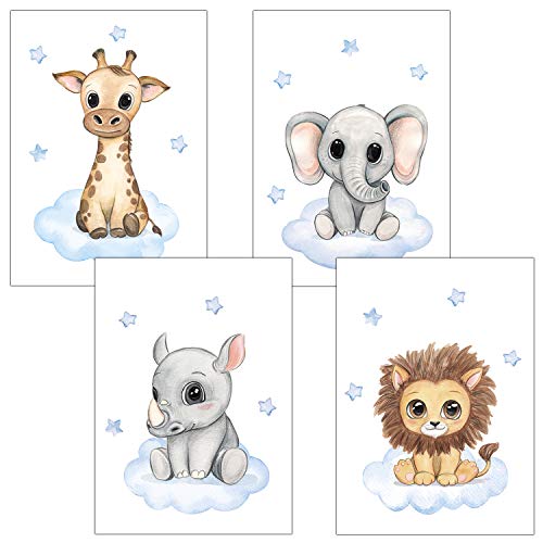 Frechdax® - Juego de 4 pósteres decorativos para habitación infantil, tamaño DIN A4, diseño de animales del bosque, África, Juego de 4 "azul, safari, nube, estrellas"., DIN A4