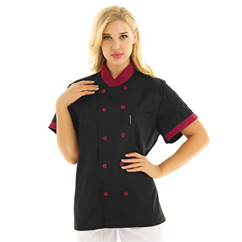 Freebily Unisexo Camisa de Cocineros Camareros Chef Uniforme Mandarin de Trabajo Cocina Hotel Restaurante Chaqueta Llaboral Profesional Mangas Cortas Doble Pecho Negro XL