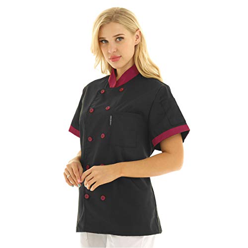 Freebily Unisexo Camisa de Cocineros Camareros Chef Uniforme Mandarin de Trabajo Cocina Hotel Restaurante Chaqueta Llaboral Profesional Mangas Cortas Doble Pecho Negro XL