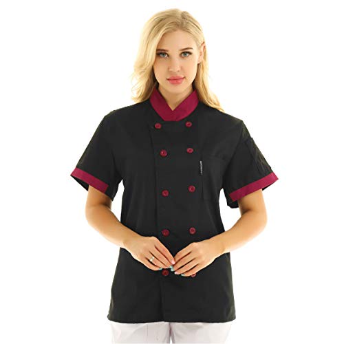 Freebily Unisexo Camisa de Cocineros Camareros Chef Uniforme Mandarin de Trabajo Cocina Hotel Restaurante Chaqueta Llaboral Profesional Mangas Cortas Doble Pecho Negro XXL